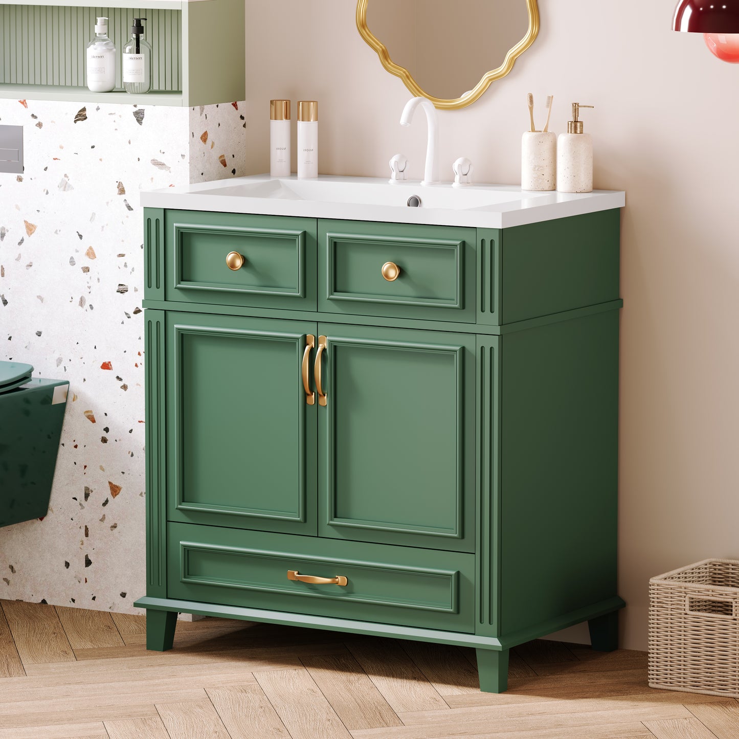 30" Uncovered Bathroom Vanity with Soft-Closed Door, Solid Wood Frame Storage Cabinet, Green Finish