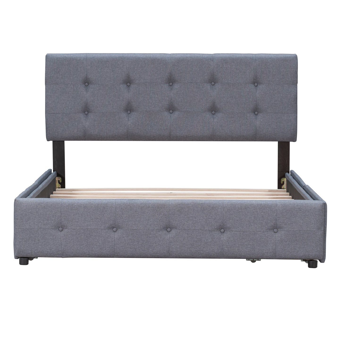 Upholstered Platform Bed with Classic Headboard and 4 Drawers Linen Fabric Queen Size Dark gray