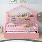 Wooden Twin Size House Bed with Trundle Kids Bed with Shelf Pink