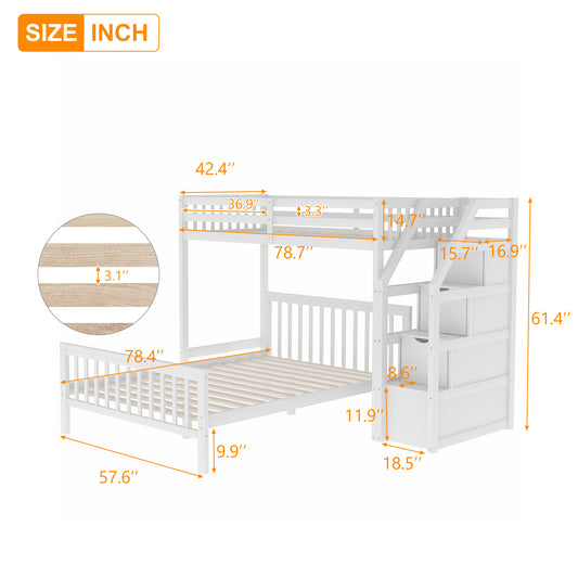 Cama alta doble sobre cama matrimonial con escalera, acabado blanco para habitaciones funcionales