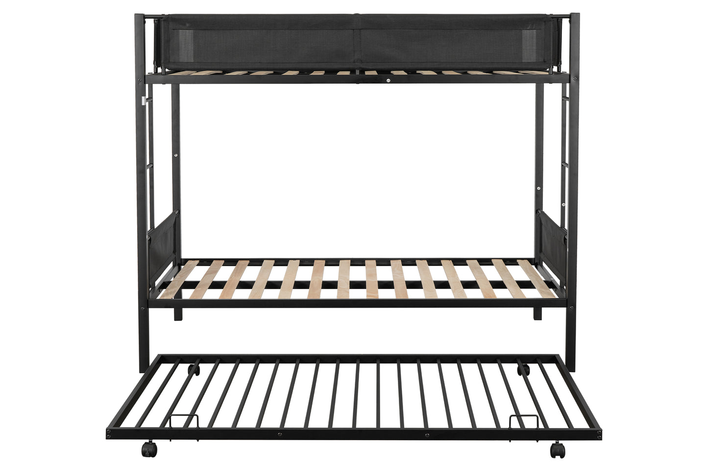 Metal double bed with casters/sturdy frame/no noise/comfortable guardrail/2 side ladders/no need for spring box