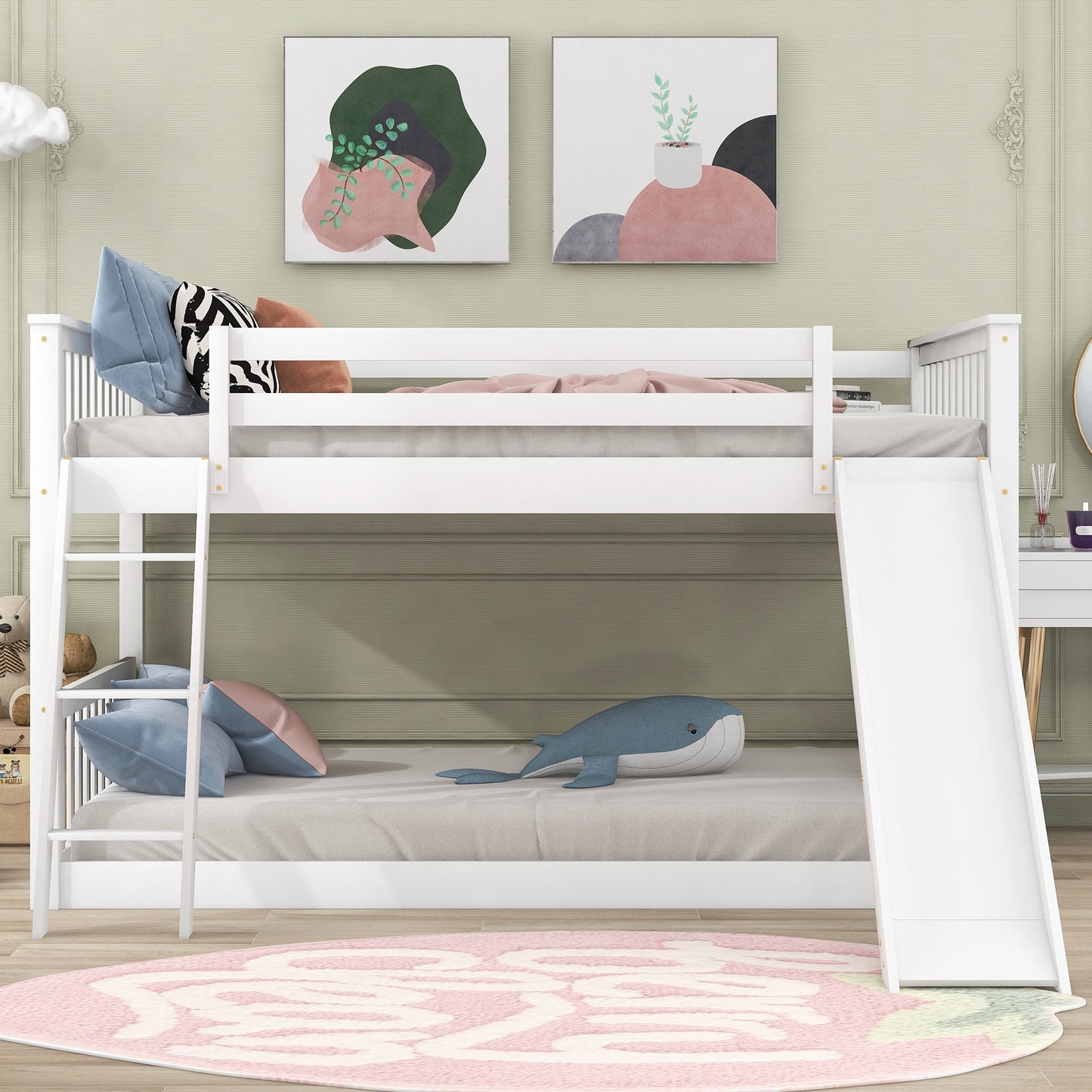 Full over Full Bunk Bed with Convertible Slide and Ladder  White