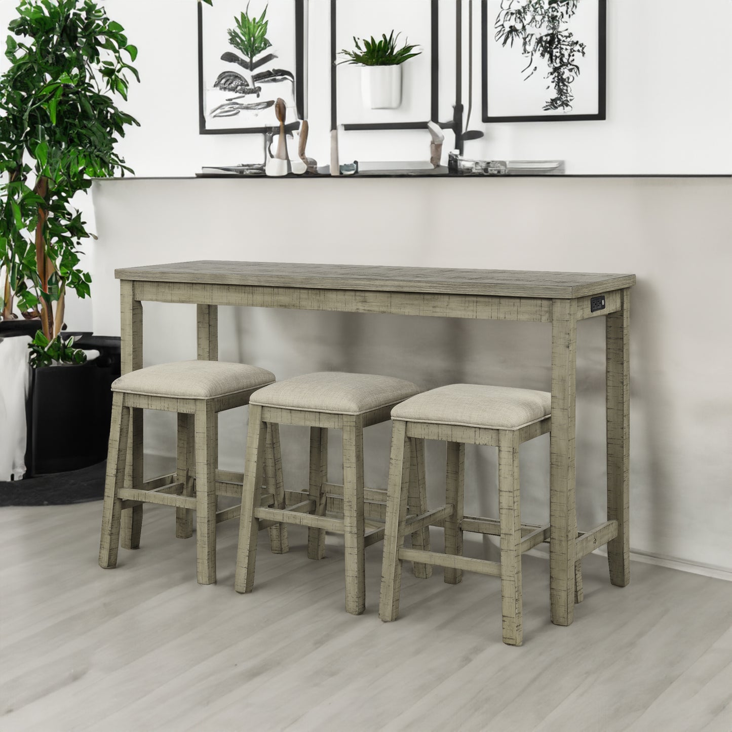 TOPMAX 4-Piece Counter Height Table Set with Fabric Padded Stools, Rustic Bar Dining Set in Gray Green