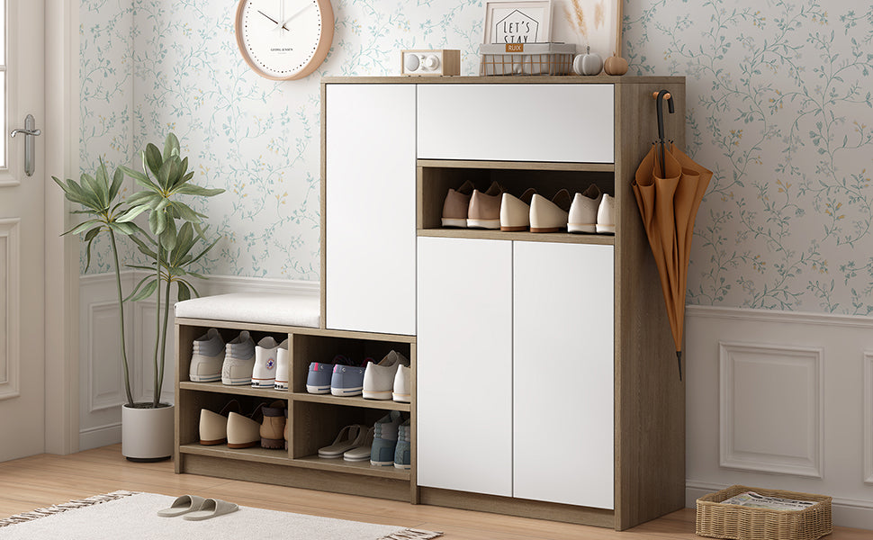 ON-TRANS 2-in-1 Shoe Storage Platform and Cabinet with Soft Cushioned Seats and Adjustable Shelves, White