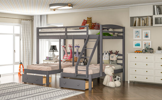 Full over Twin & Twin Bunk Bed,Triple Bunk Bed with Drawers, Gray