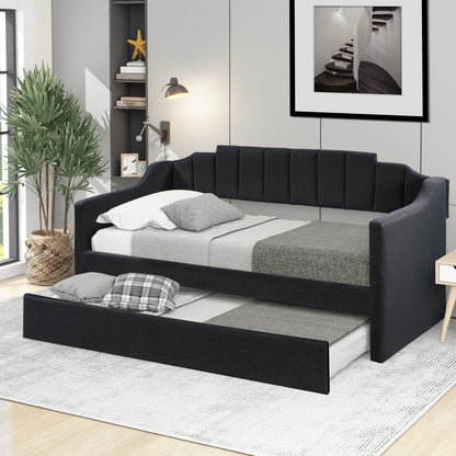 Upholstered Twin Daybed with Trundle, Black Finish for Bedrooms and Guest Rooms