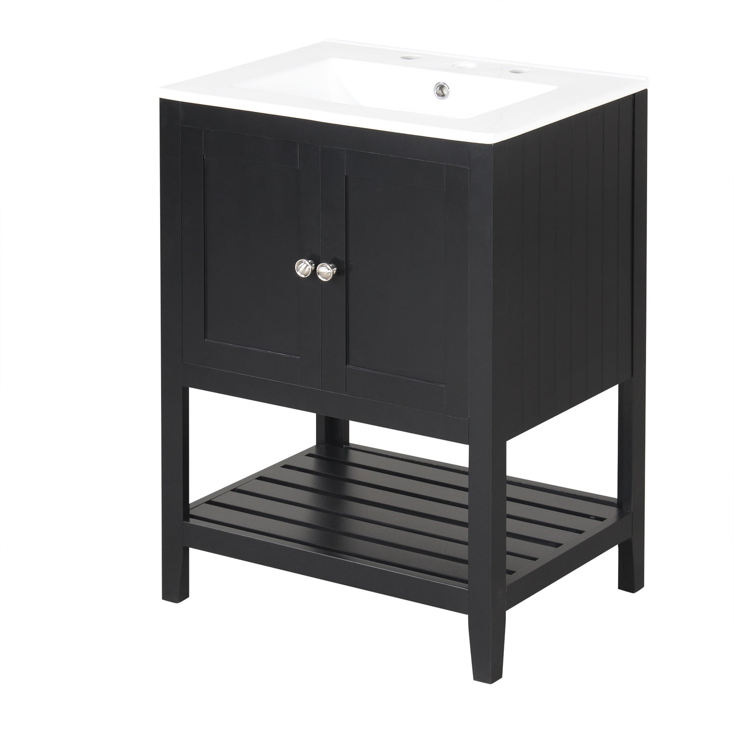 Black Modern Sleek Bathroom Vanity Elegant Ceramic Sink with Solid Wood Frame Open Style Shelf