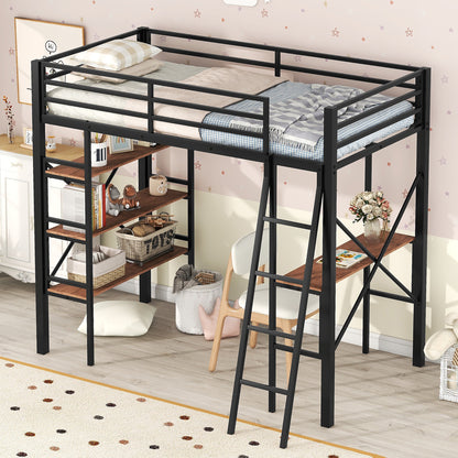 Twin Size Metal Loft Bed with Shelves and Desk, Black