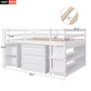 Low Study Full Loft Bed with Cabinet Shelves and Rolling Portable Desk Multiple Functions Bed- White