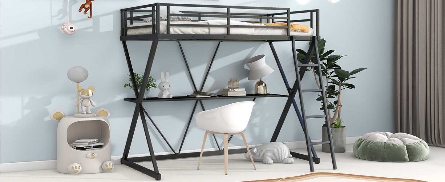 Twin Size Loft Bed with Desk Ladder and Full-Length Guardrails  X-Shaped Frame Black