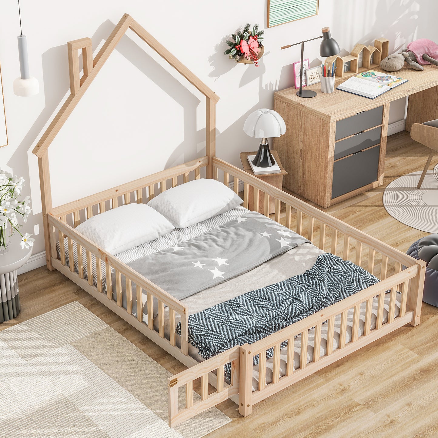 Full House-Shaped Headboard Floor Bed with Fence Natural