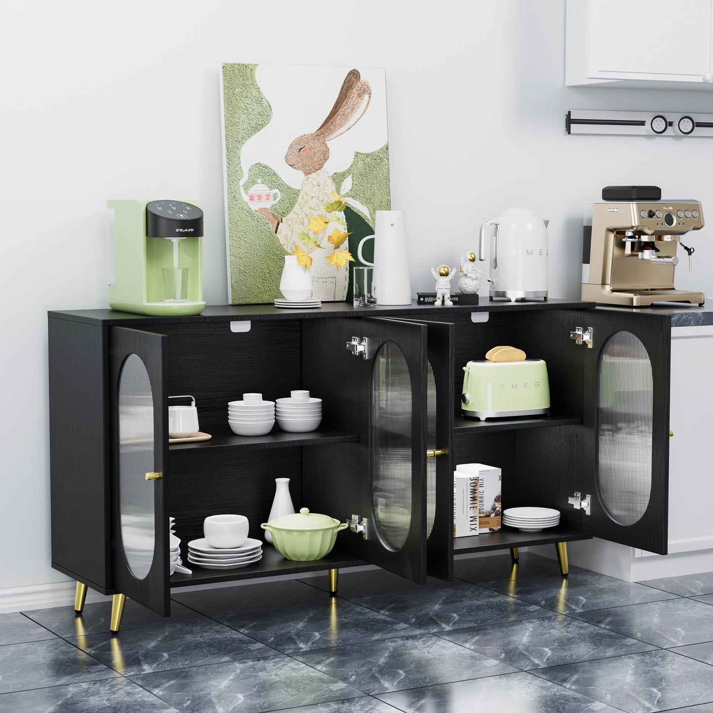 Modern Accent Sideboard Cabinet with Acrylic Doors, Freestanding Storage Cupboard in Black Finish