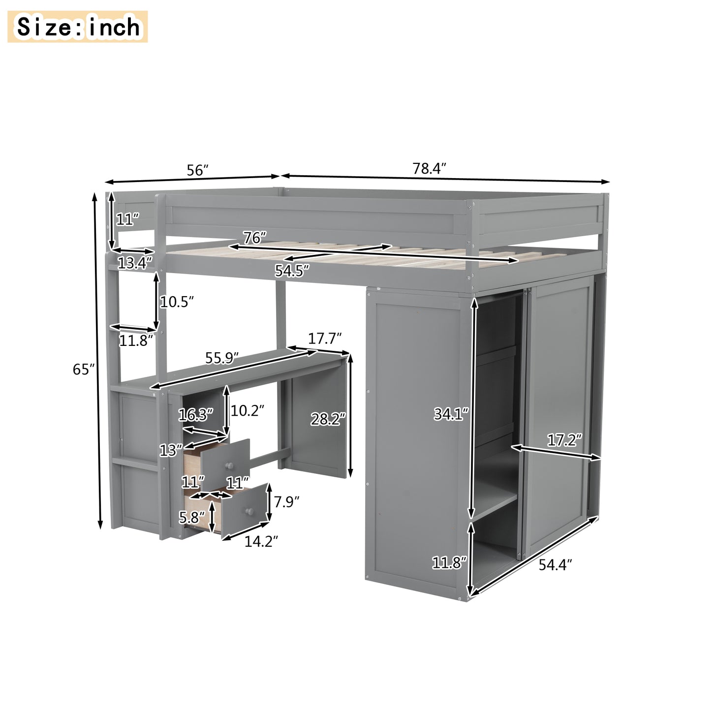 Wood Full Size Loft Bed with Wardrobes and 2-Drawer Desk with Cabinet  Gray