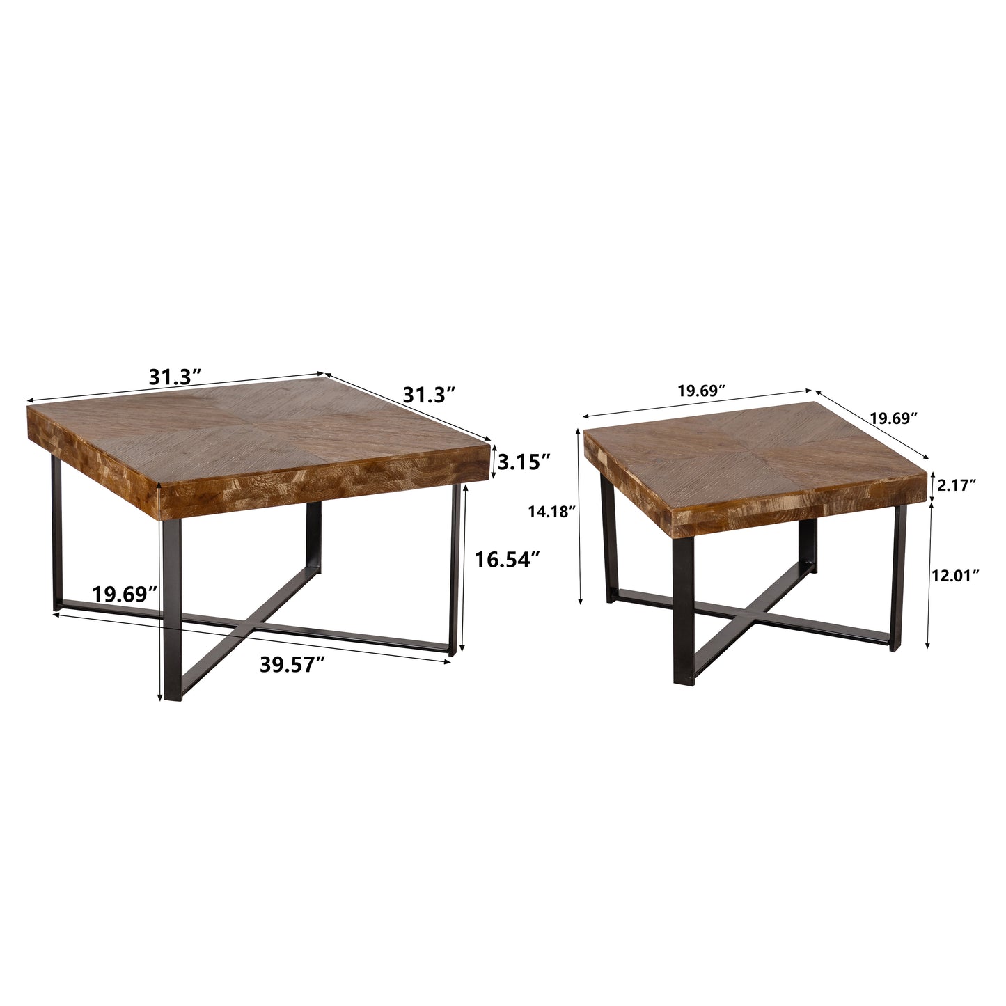 Modern Retro Splicing Square Coffee Table Fir Wood Table Top with Cross Legs Metal Base (Set of 2 pcs )