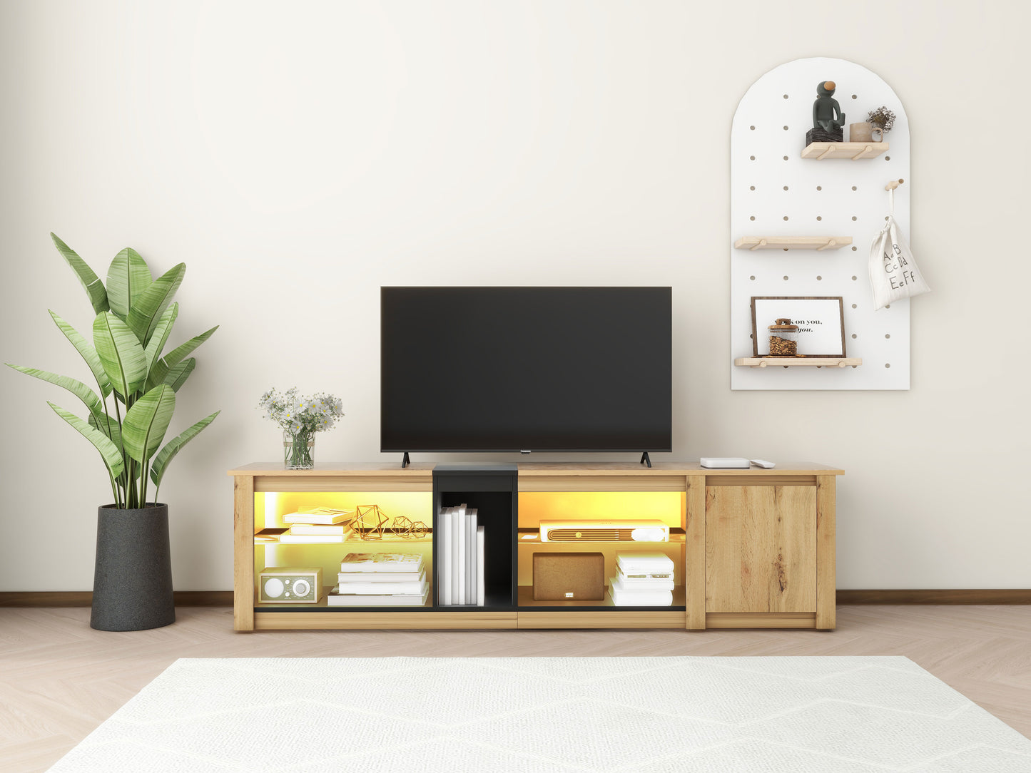 ModernTV stand suitable for TVs under 80 inches, media console with multifunctional storage, and LED lights