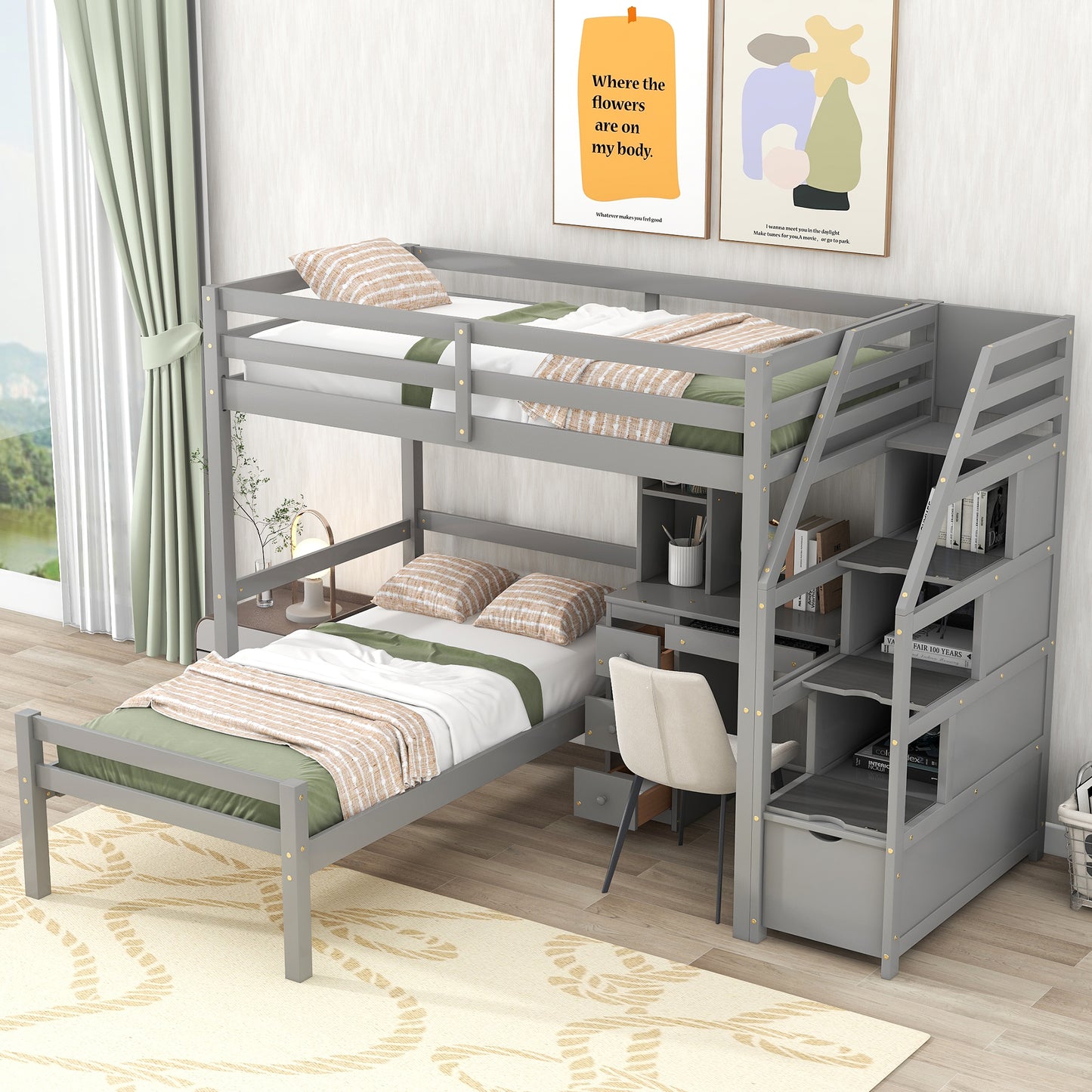 Twin Size Loft Bed with a Stand-alone Bed, Storage Staircase, Desk, Shelves and Drawers, Gray