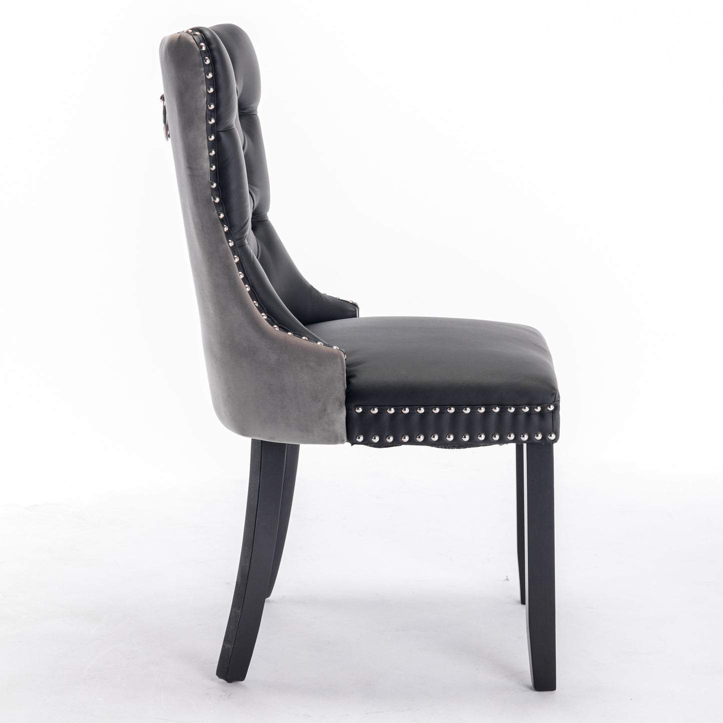 Tufted Solid Wood Contemporary PU and Velvet Upholstered Dining Chair with Wood Legs Nailhead Trim 2-Pcs Set Black+Gray