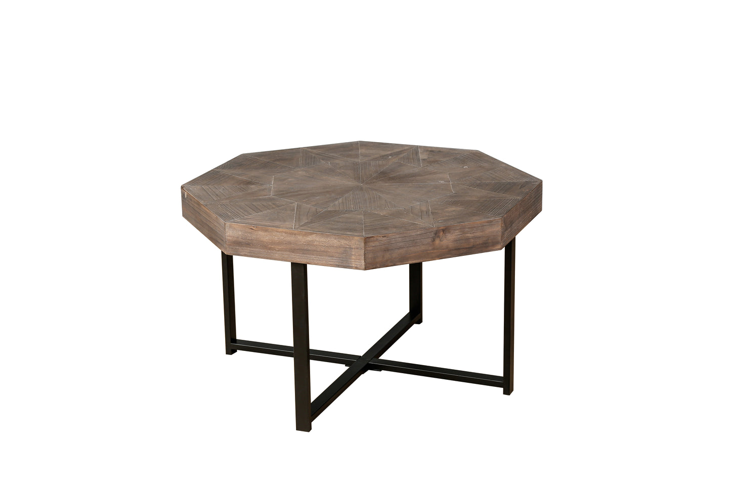 Wooden octagonal retro patchwork craft 30 inch wooden tabletop cross metal leg coffee table (antique brown)