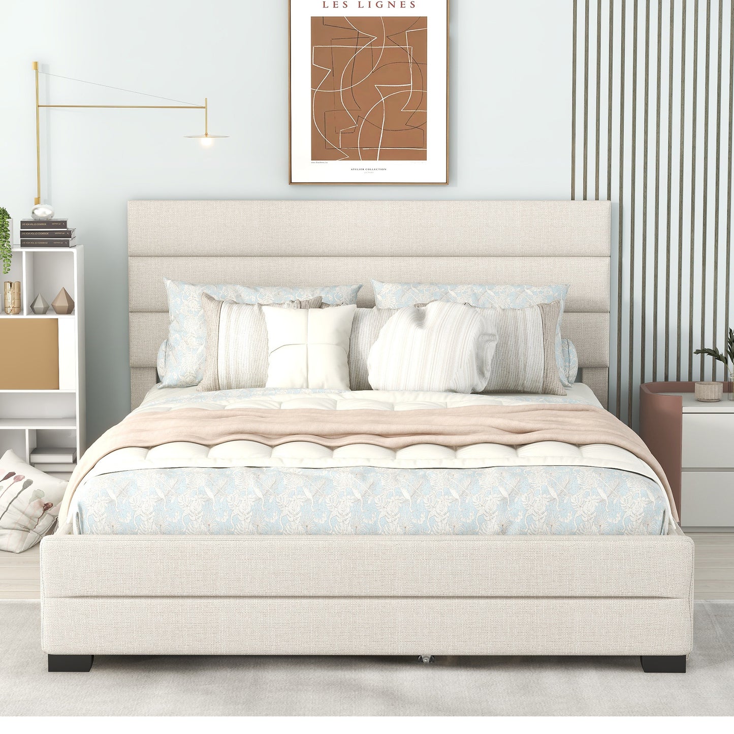 Queen Upholstered Platform Bed with Twin Size Trundle and Two Drawers  Beige