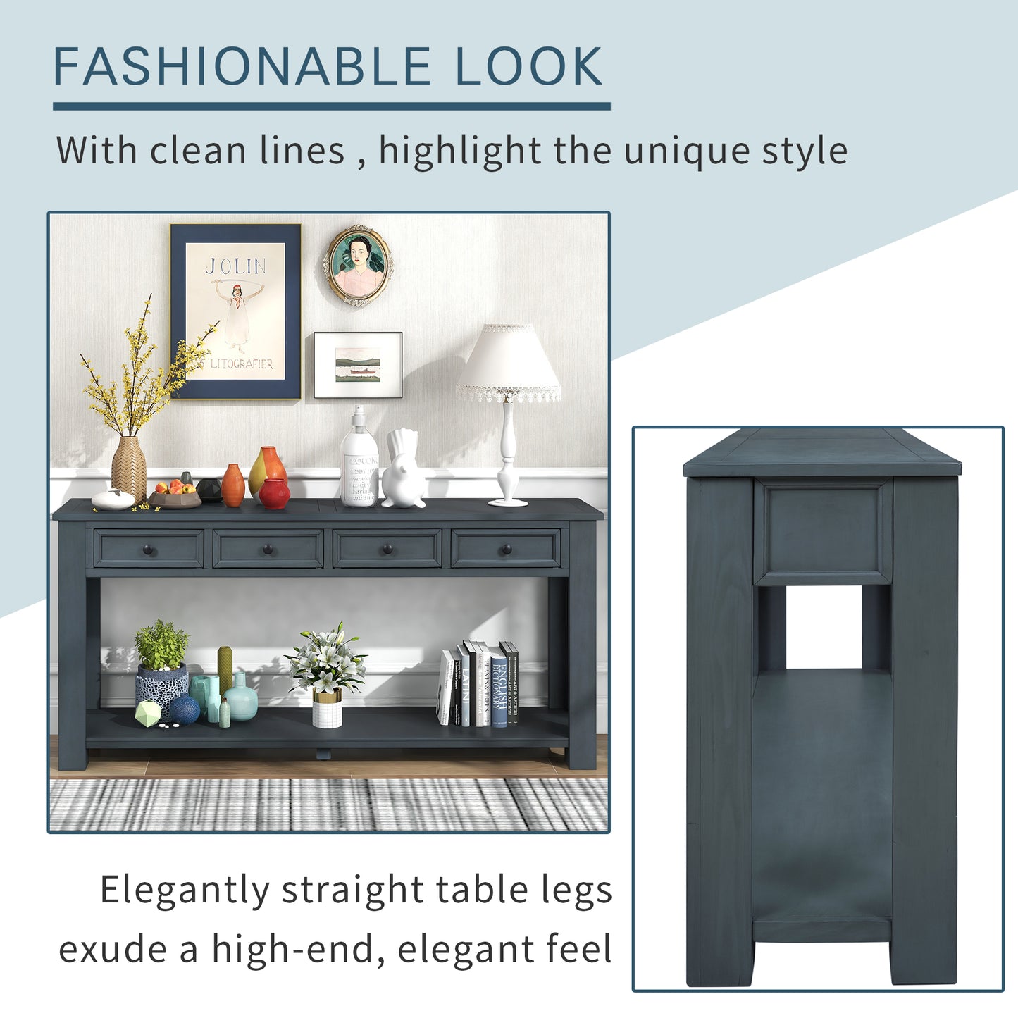 TREXM Console Table with Storage Drawers and Bottom Shelf, Navy Finish for Entryways and Hallways