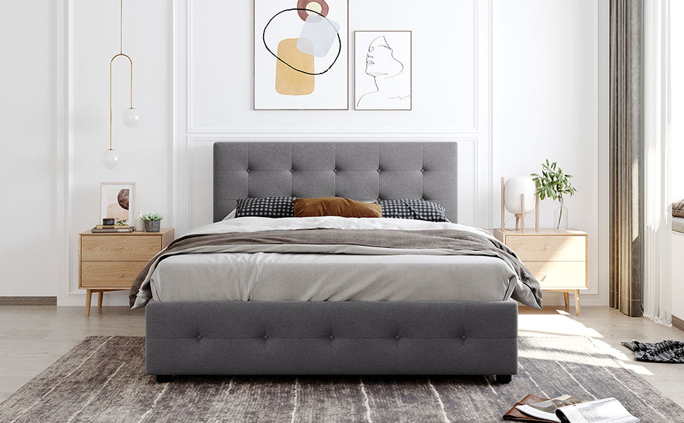 Upholstered Platform Bed with Classic Headboard and 4 Drawers No Box Spring Needed Linen Fabric Queen Size Light Gray