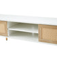 Rattan TV cabinet double sliding doors for storage adjustable shelf solid wood legs TV console for living room White