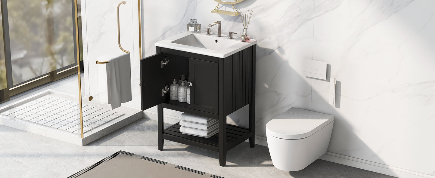 Black Modern Sleek Bathroom Vanity Elegant Ceramic Sink with Solid Wood Frame Open Style Shelf