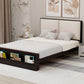 Queen Size Platform Bed Frame with Upholstery Headboard and Bookshelf in Footboard and LED Light Strips, Espresso