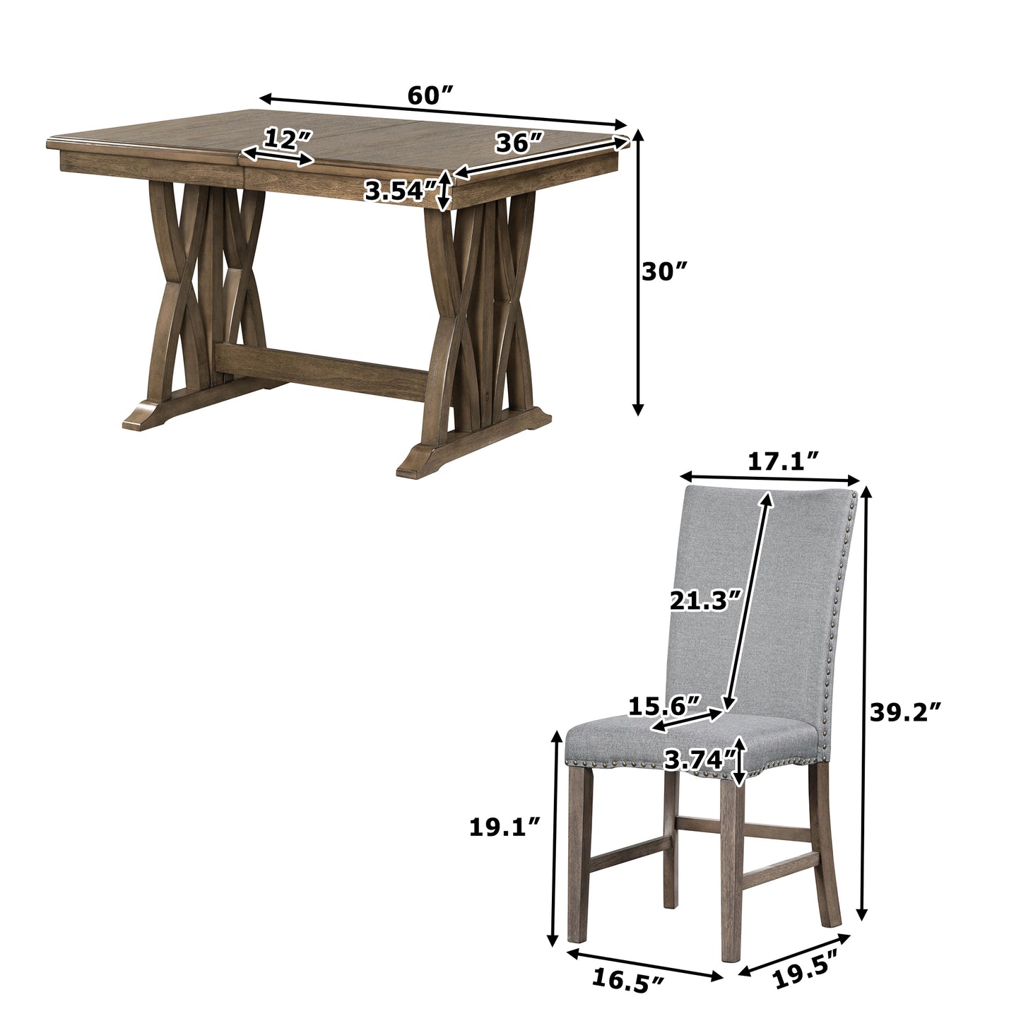 Juego de mesa de comedor expandible de 7 piezas de madera maciza TOPMAX de mediados de siglo con sillas con cojines suaves, marrón dorado y gris