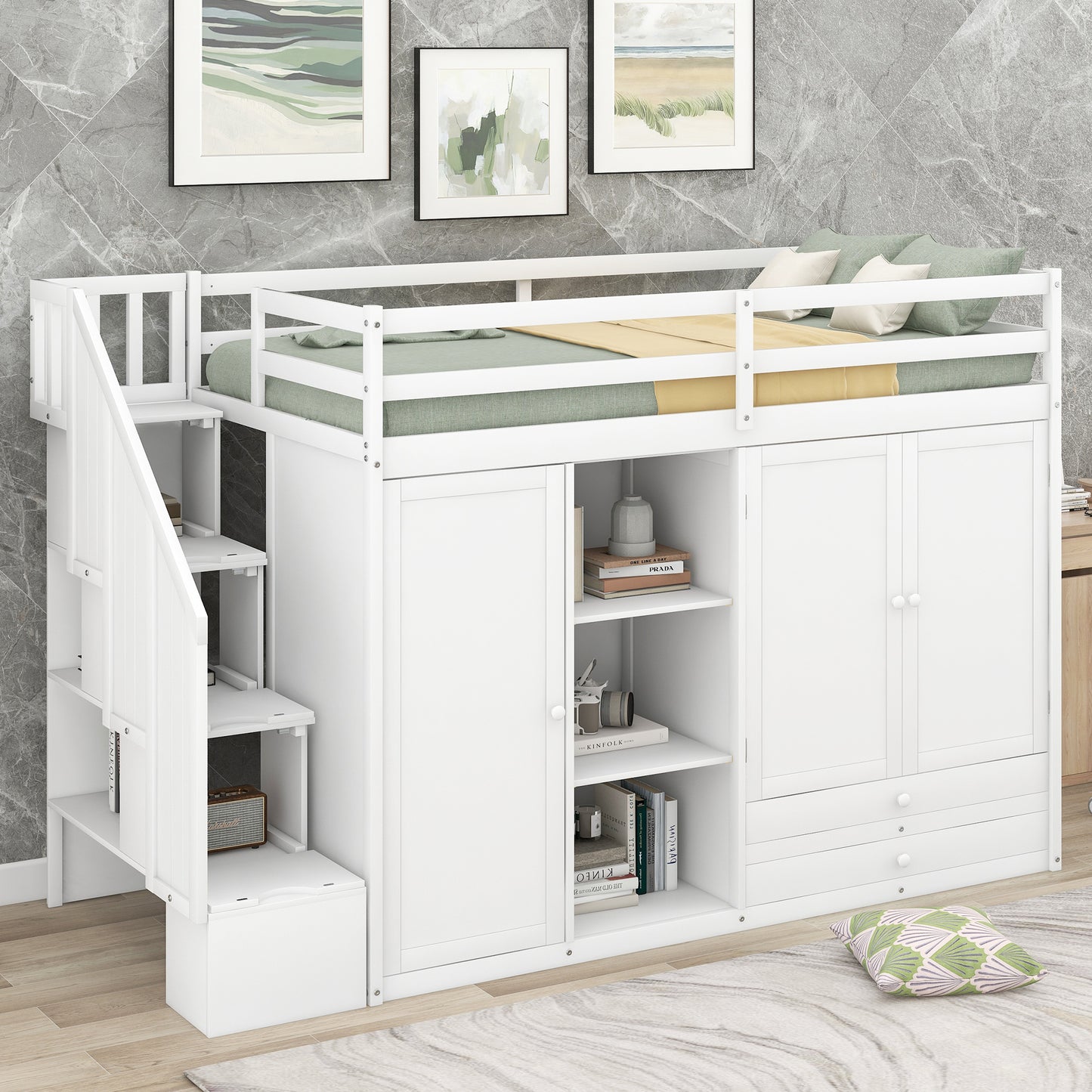 Functional Loft Bed with 3 Shelves, 2 Wardrobes and 2 Drawers, Ladder with Storage, No Box Spring Needed, White