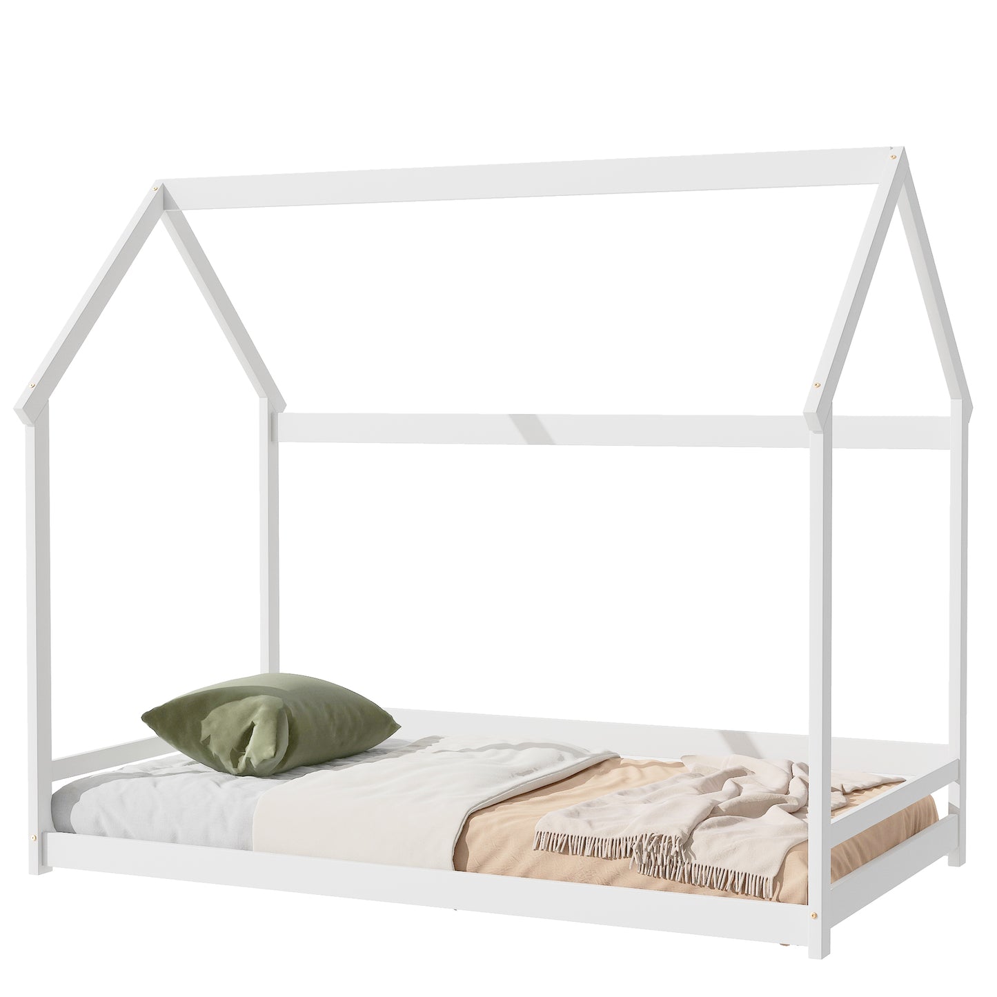 Twin House-Shaped Floor Bed with 2 Detachable Stands White