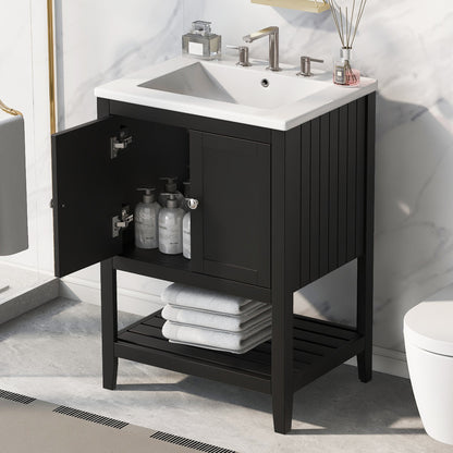 Black Modern Sleek Bathroom Vanity Elegant Ceramic Sink with Solid Wood Frame Open Style Shelf