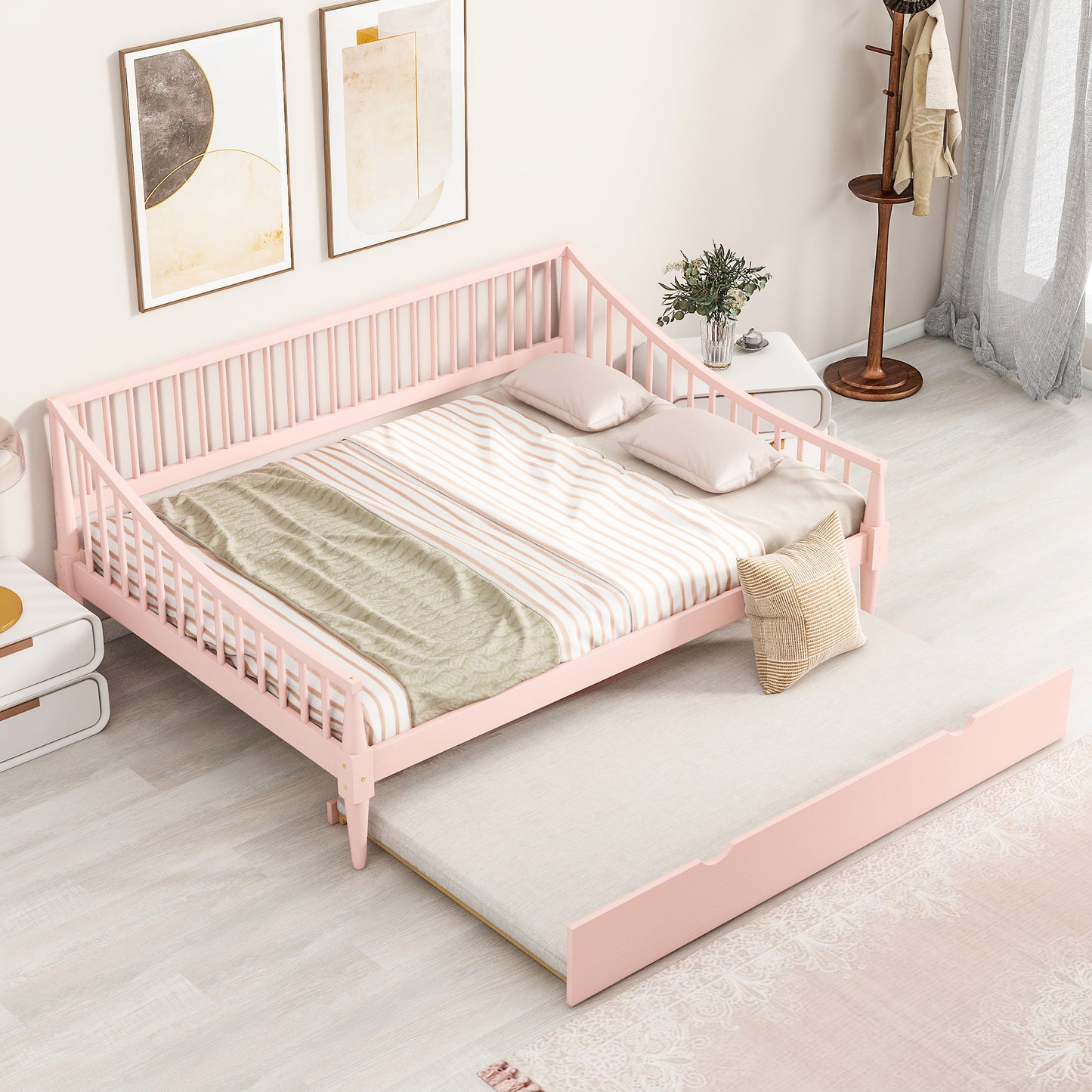 Full Size Daybed with Trundle and Support Legs, Pink Finish for Bedrooms