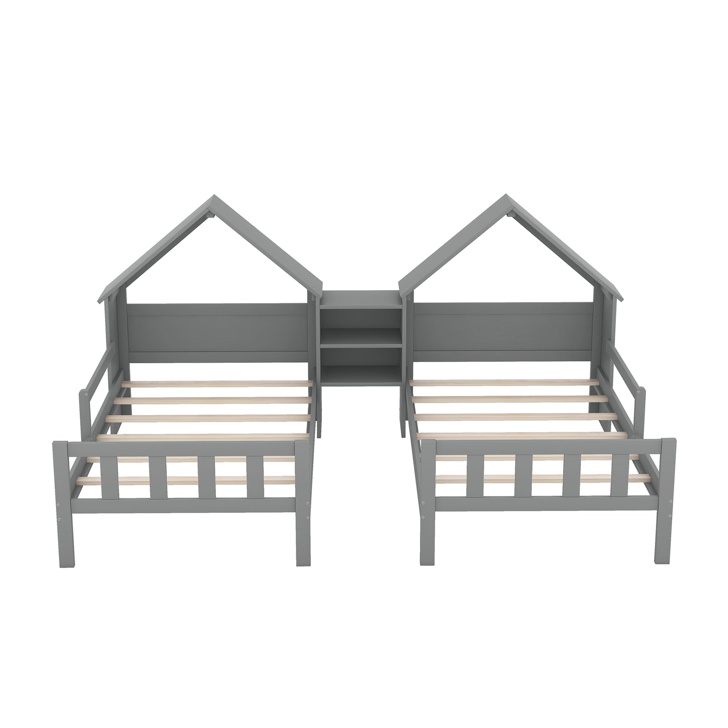 Double Twin Size Platform Bed with House-shaped Headboard and a Built-in Nightstand  Grey