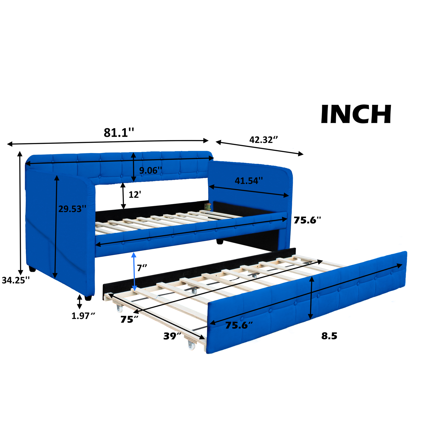 Blue padded twin beds with wheels, velvet fabric, no need for springs