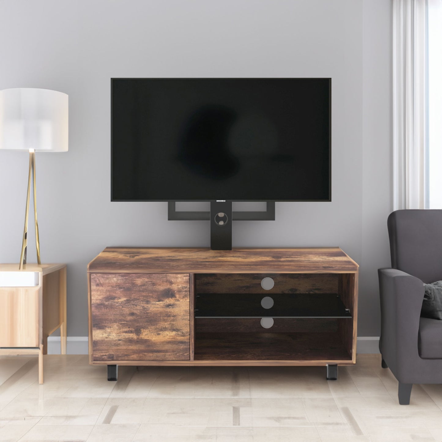 Rustic Brown TV Console with push-to-open Storage Cabinet for TV up to 65in Wood &glass TV Stand for Living Room Bedroom