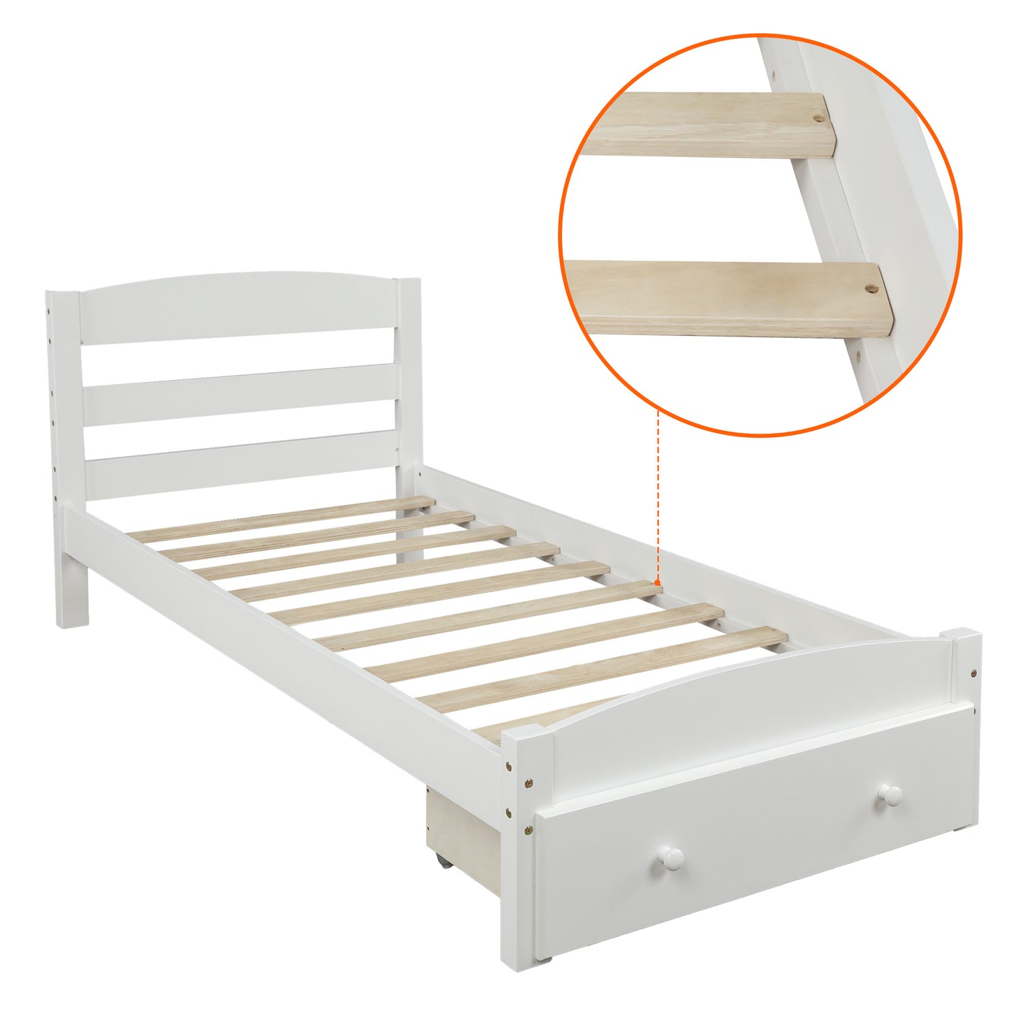 Platform Twin Bed Frame with Storage Drawer and Wood Slat Support No Box Spring Needed White