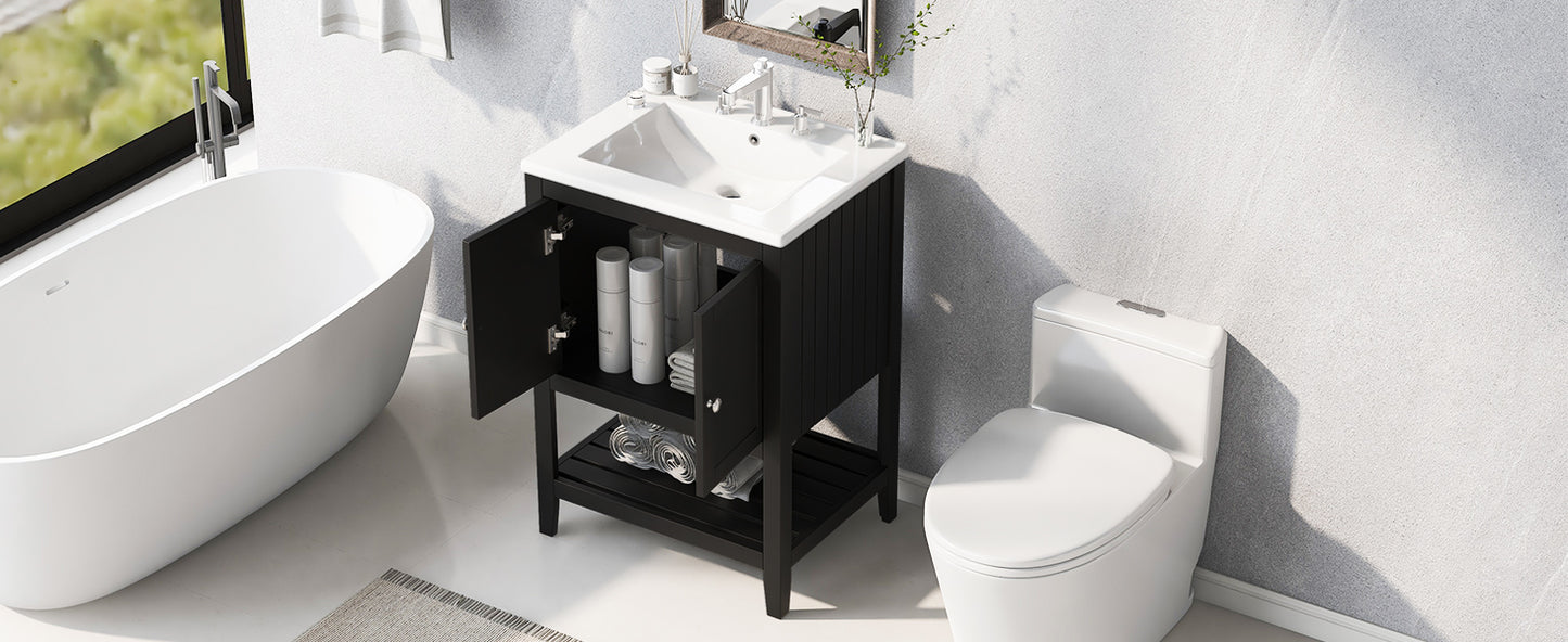 Black Modern Sleek Bathroom Vanity Elegant Ceramic Sink with Solid Wood Frame Open Style Shelf