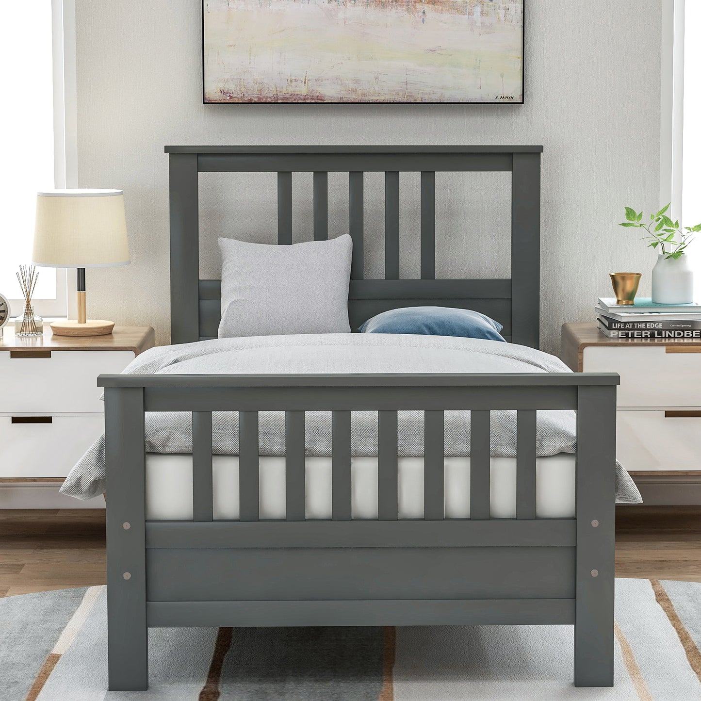 Wood Platform Bed with Headboard and Footboard Twin (Gray)