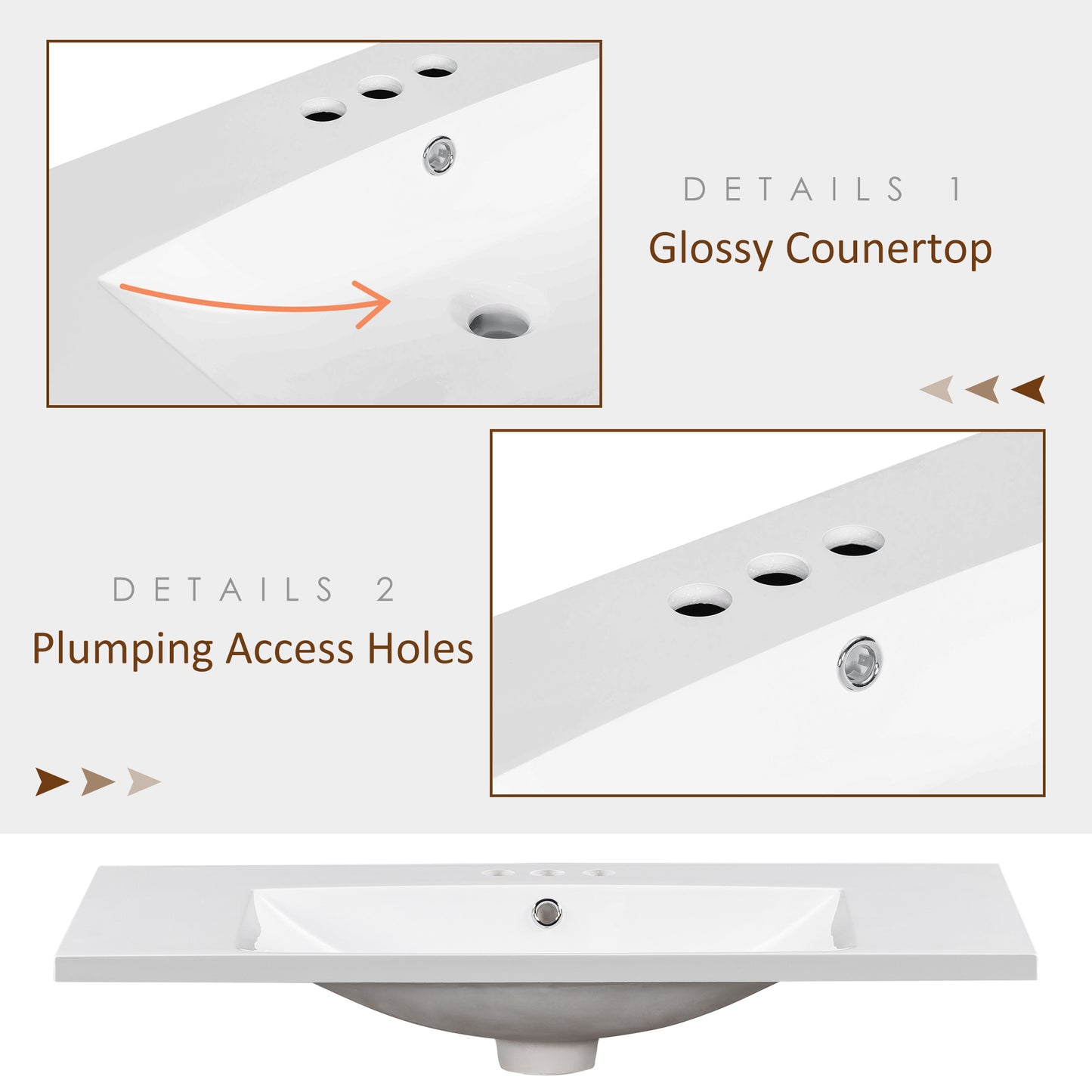 Single Bathroom Basin Sink, Vanity Top Only, 3-Faucet Holes, Resin