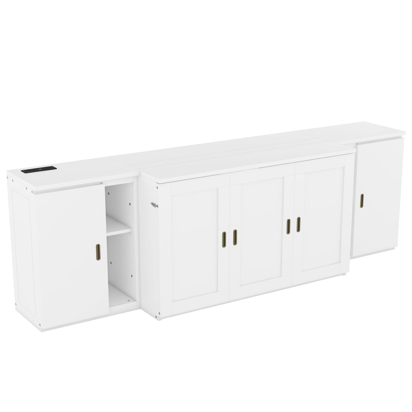 Cama plegable de tamaño completo con estantes, gabinetes y puertos USB, diseño que ahorra espacio en acabado blanco