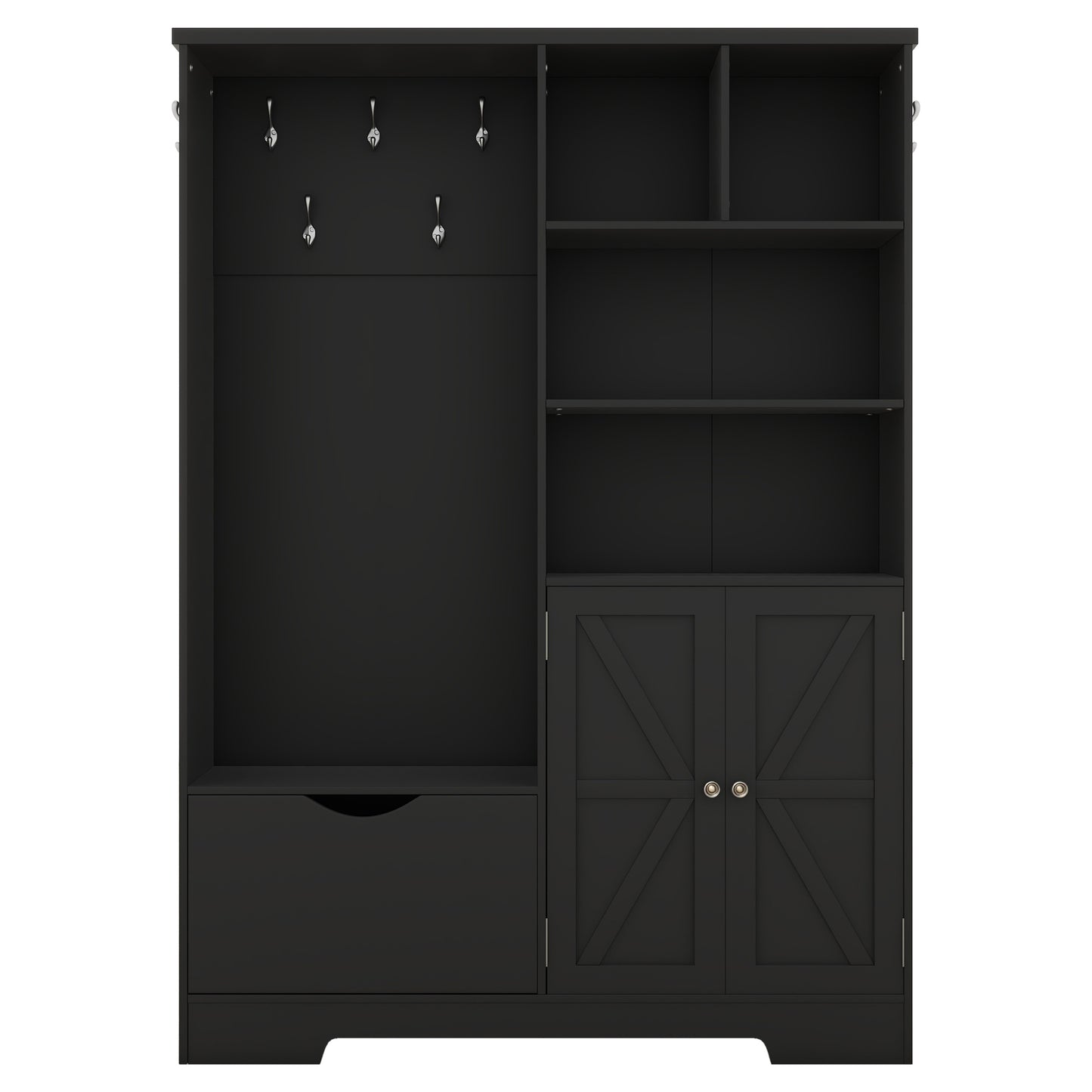 Multi-functional Hall Tree with Storage Shelves Drawers and Cabinet, Elegant Hallway Shoe Cabinet with Bench Modern Black