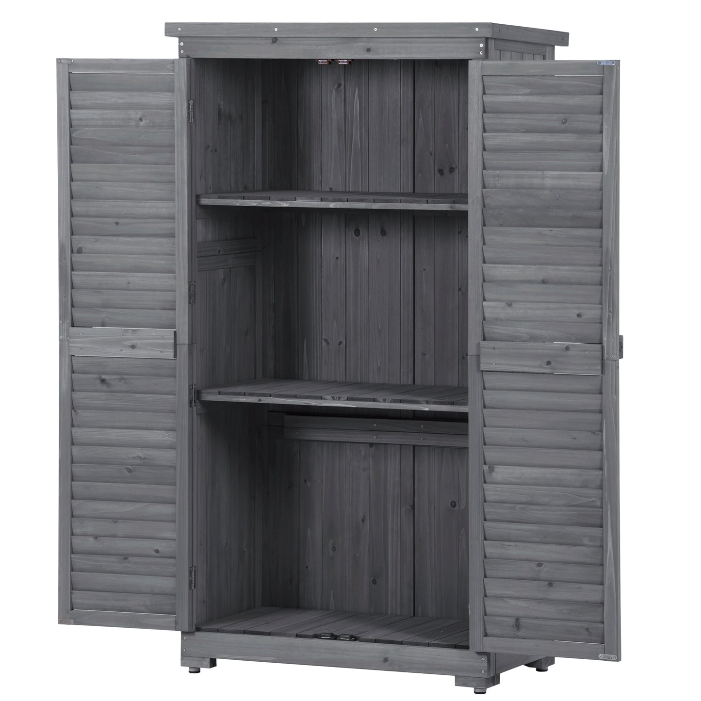 Wooden Garden Shed with 3-Tier Patio Storage, Outdoor Organizer with Fir Wood Shutter Design, Gray