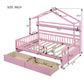 Wooden Full Size House Bed with 2 Drawers Kids Bed with Storage Shelf Pink