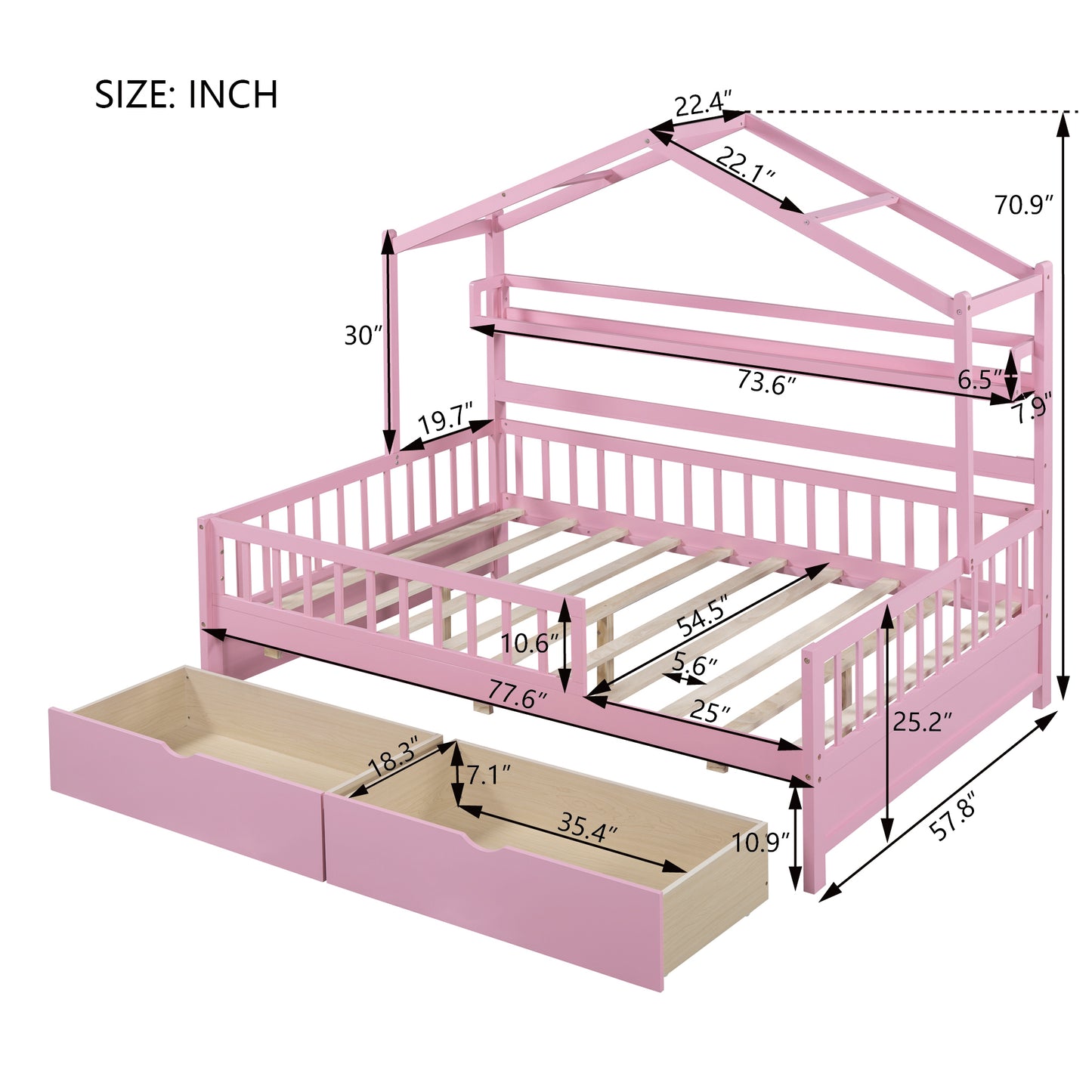 Wooden Full Size House Bed with 2 Drawers Kids Bed with Storage Shelf Pink