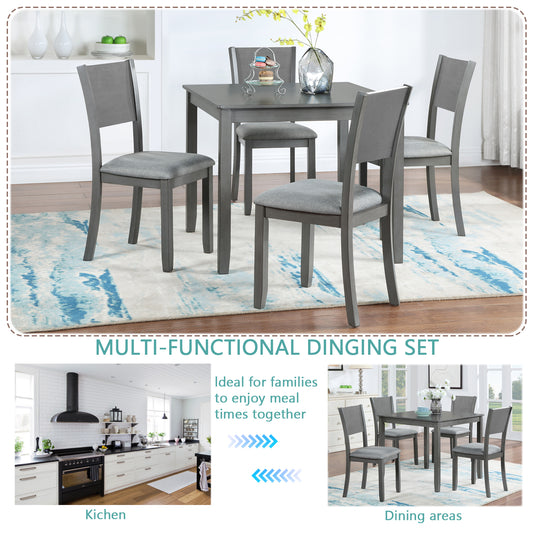 5 Piece Modern Dining Set, Square Wooden Dining Table with 4 Upholstered Chairs for Kitchen, Dining Room, Gray