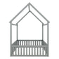 Full Size Wood House Bed with Fence and Door, Gray