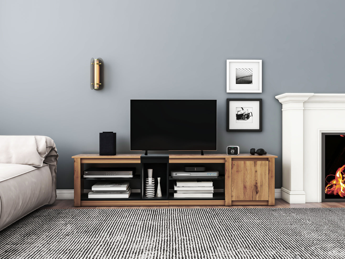 ModernTV stand suitable for TVs under 80 inches, media console with multifunctional storage, and LED lights