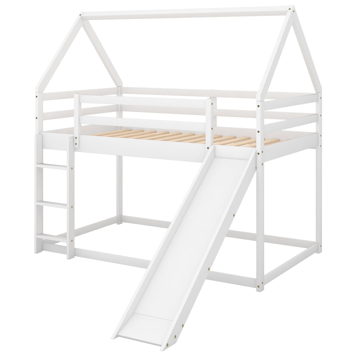 Twin Size Bunk House Bed with Slide and Ladder White