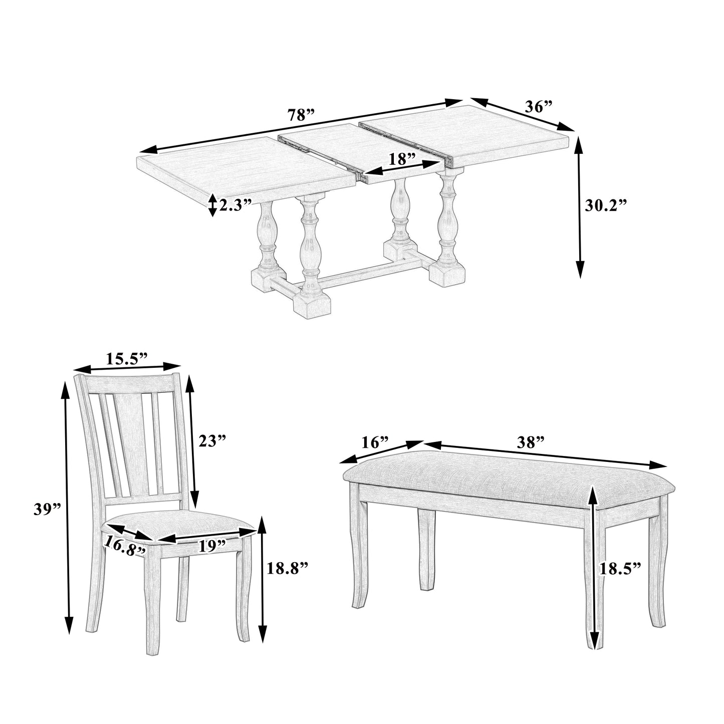 Traditional 6-Piece Trestle Extendable Dining Table Set with Removable Leaf, Padded Chairs, and Bench, Distressed White